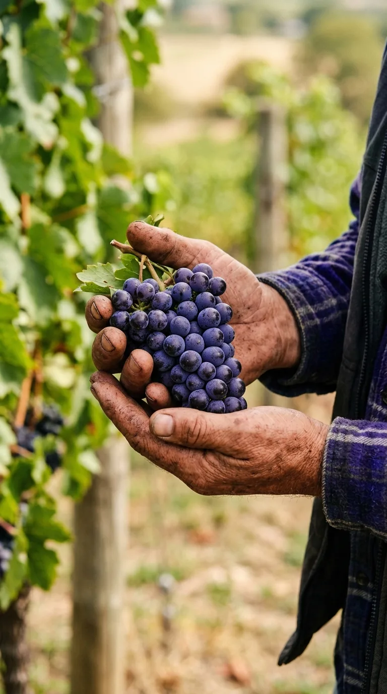 Freshly picked grapes held in a vineyard
